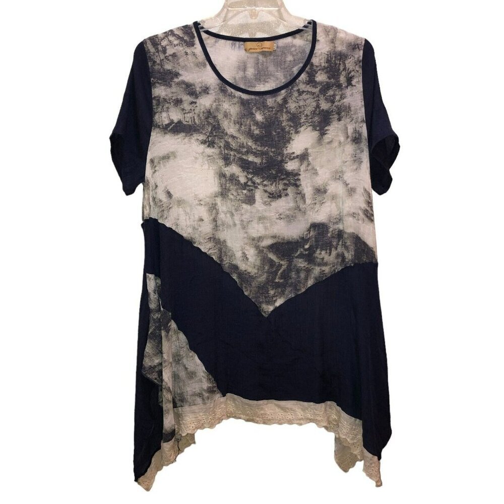 Grace and Emma Womens Size XL 2XL Navy Blue Short Sleeve Lace Hem Tunic Dress